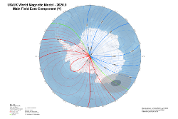Magnetic East Component at 2020.0 from the World Magnetic Model Antarctic Projection