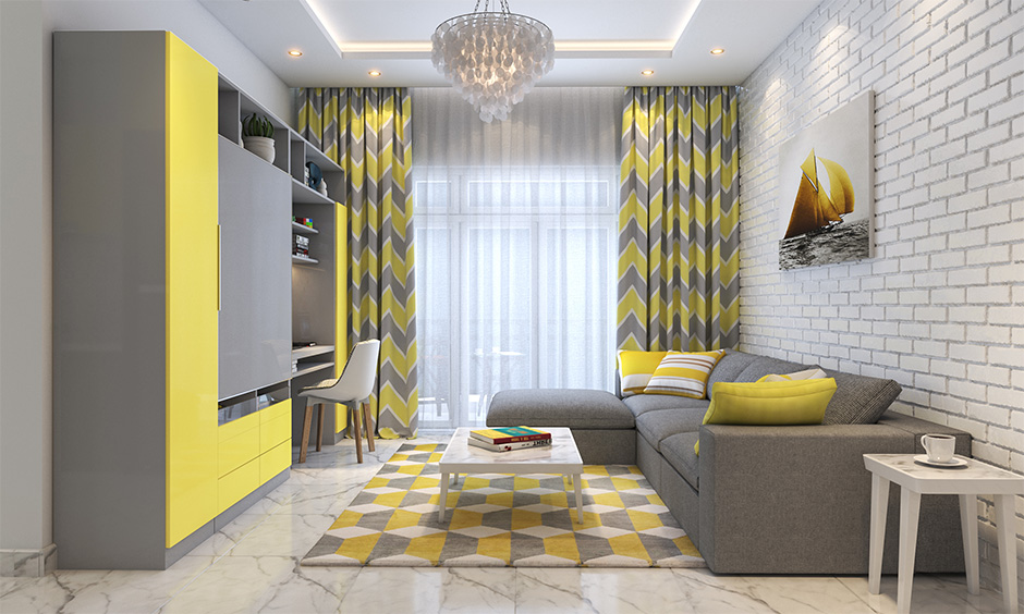 Contemporary grey and yellow living room with patterns and textures