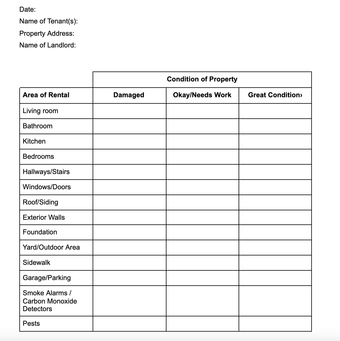 Image shows a Landlord Preventative Maintenaance Inspection Checklist, including areas of the rental to inspect and a place to mark the condition of the property