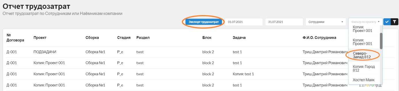 Рис.2. С помощью помощника Фильтр по проектам удобно посмотреть трудозатраты участников проектной команды. Помощник Экспорт трудозатрат выгружает отчет в Excel