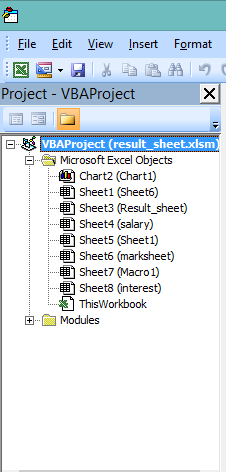 project explorer in VB editor