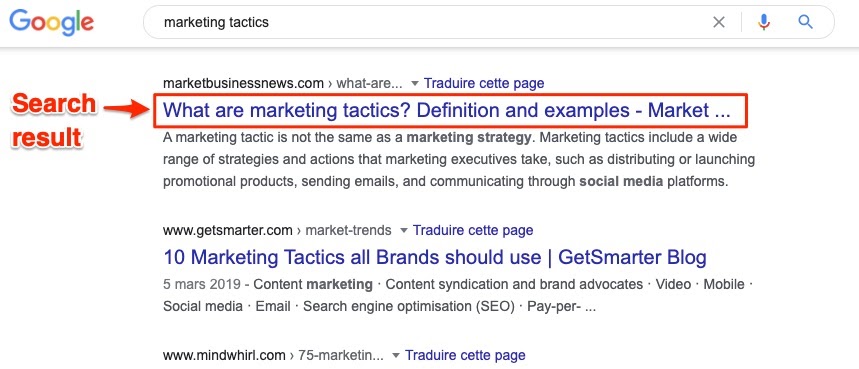 Resultado de pesquisa do Google de táticas de marketing