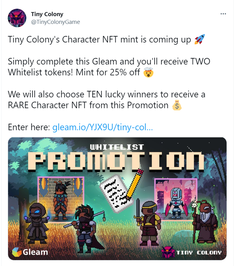Twitter post by Tiny Colony announcing Character NFT mint