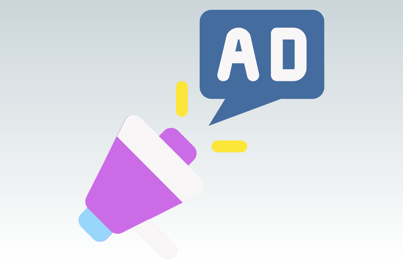 Megaphone with a big bold word in white saying Ad on top of a dark blue speech bubble