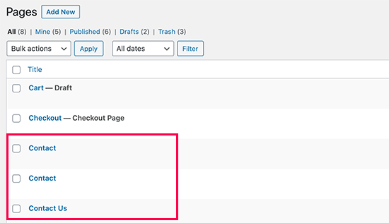 Excluindo acidentalmente páginas com nomes semelhantes no WordPress