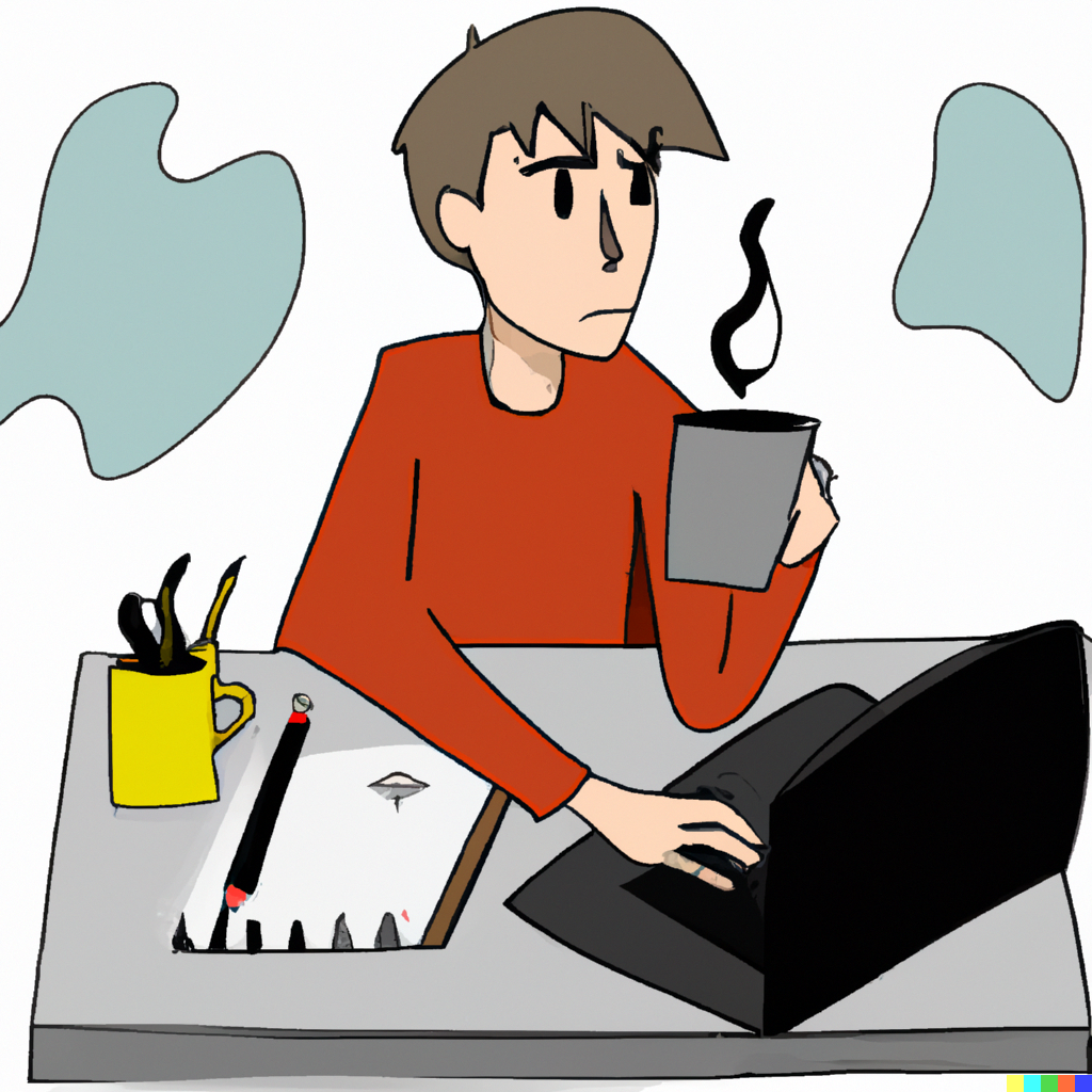 illustration man drinking coffee using computer lab top