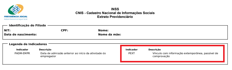 Indicador PEXT no extrato CNIS.