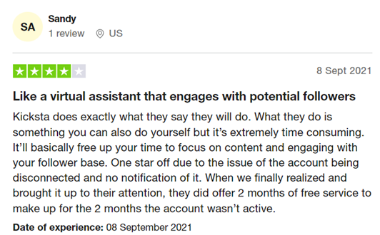 Kicksta review screenshot by Sandy