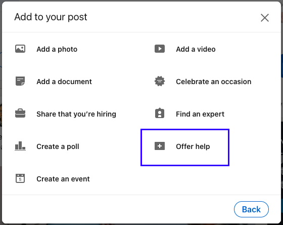 the offer help post type on LinkedIn