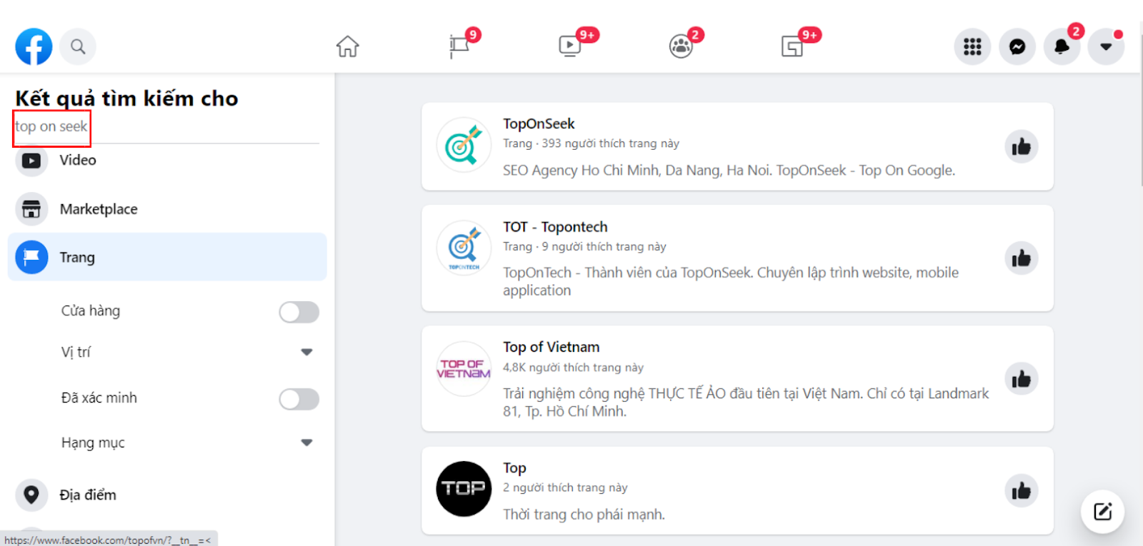 tìm kiếm trang trên facebook search