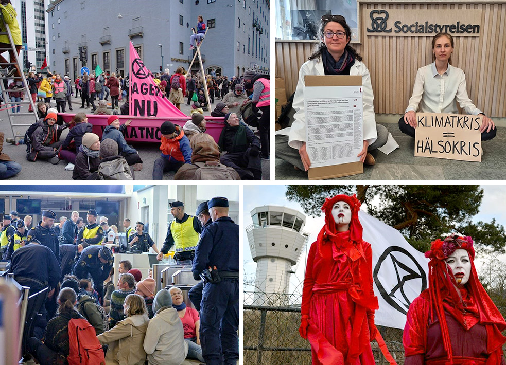Top left: sitting rebels occupy intersection around a pink boat, with rebel on a tripod behind. Top right: woman rebel in white coat holds placard with scientific paper, second woman holds placard. Bottom left: rebels sit on floor at airport with police watching them. Bottom right: two red rebels with XR flag in front of airport control tower
