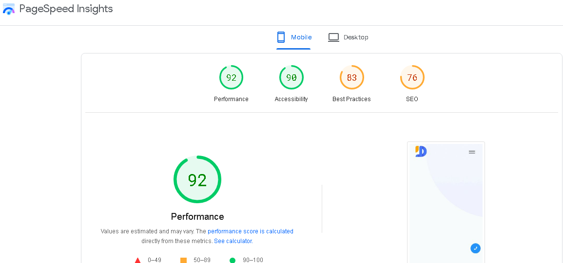 PageSpeedInsight tool other results for marketros.com