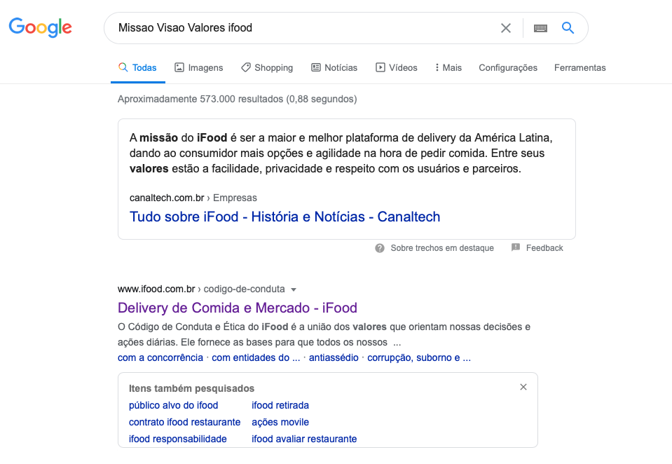 Como encontrar Missão Visão Valores no Google