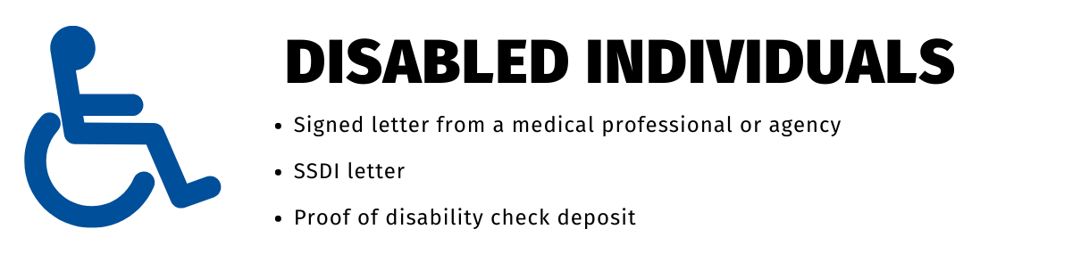 The disabled icon is to the left of the text. "Disabled Individuals" is above the bullet points: "Signed letter from a medical professional or agency", "SSDI letter", and "Proof of disability check deposit".