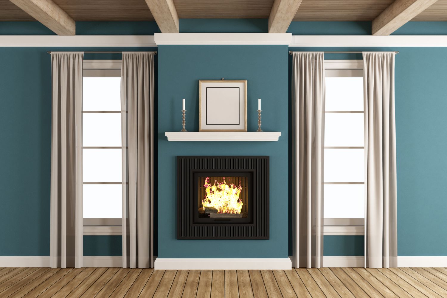 fireplace with teal painted surround