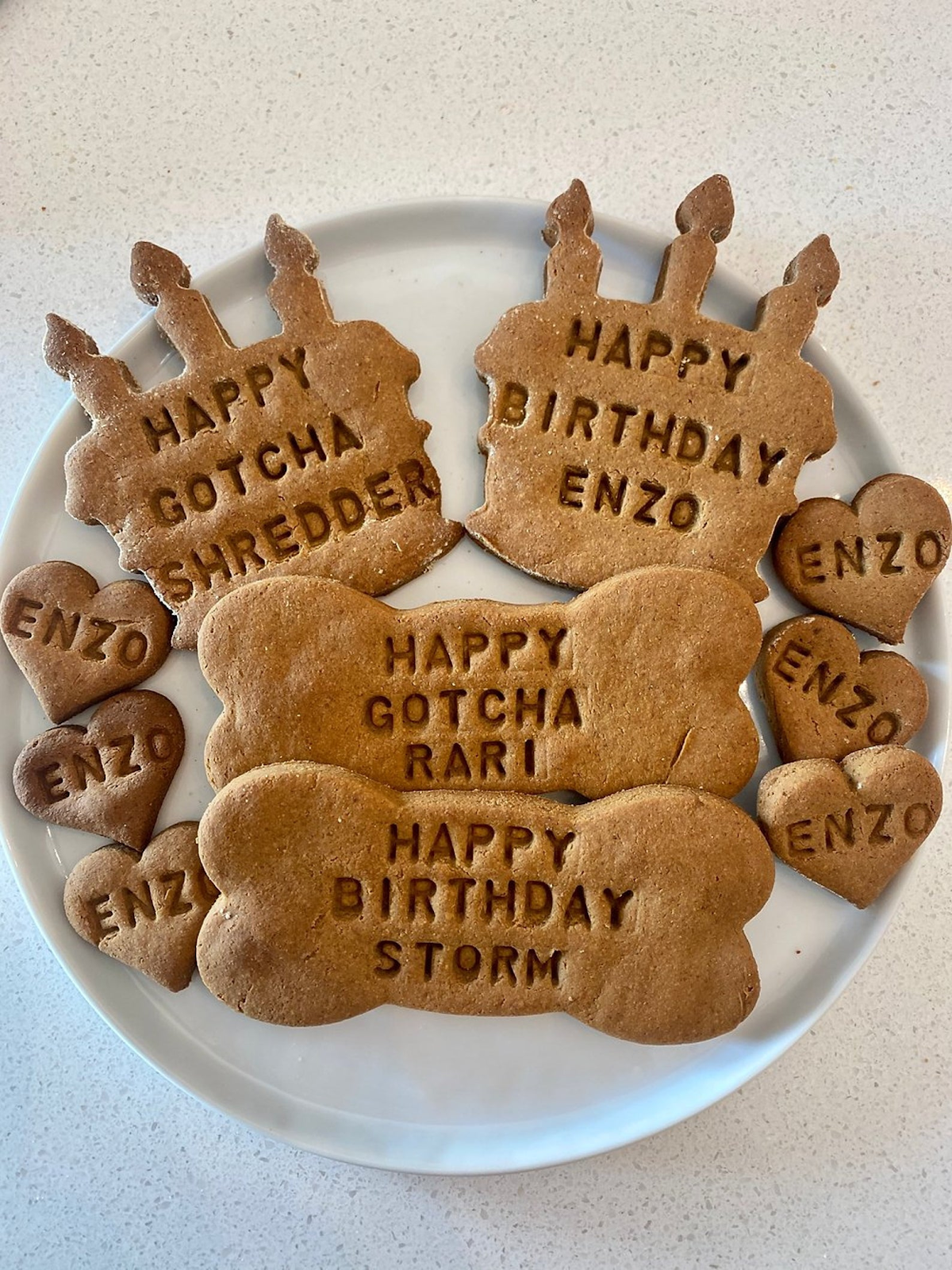 Rustic custom dog treats in cake, bone, and heart shapes.