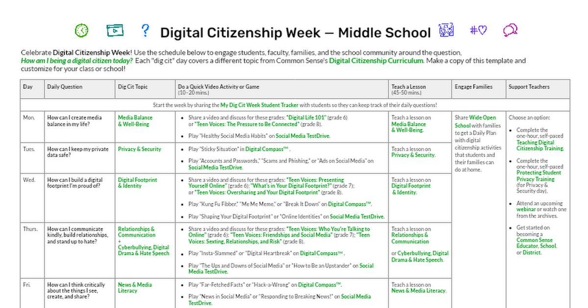 Digital Citizenship Week Schedule 2020 - Middle School