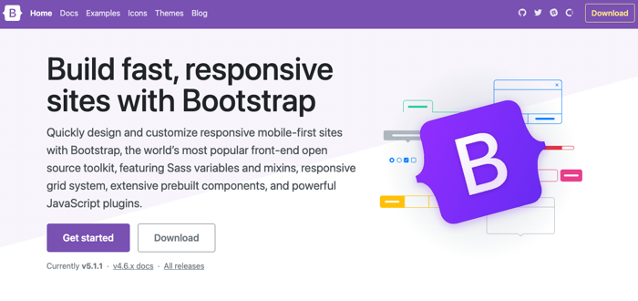 Bootstrap prebuilt web design framework for responsive sites landing page with 'Build fast, responsive sites with Bootstrap' sentence