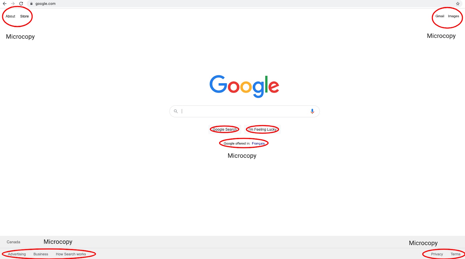 Google's search page with all microcopy highlighted