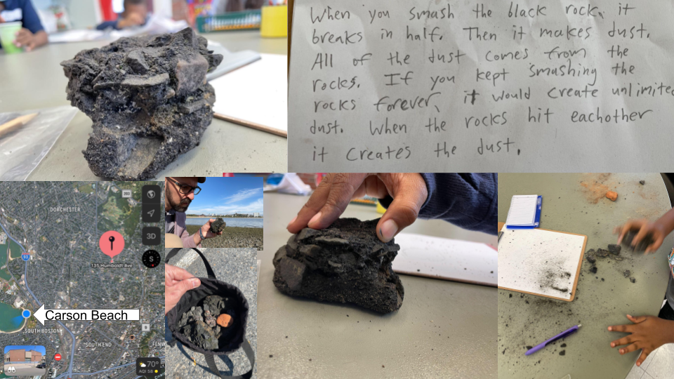 Images from the 2nd grade place based earth science unit. Shown in the images is a teacher holding a rock on a field trip to a beach, a map of where Carson Beach is, a written explanation from a student's observations about the black rock, and a few images of the black rock and students examining and exploring the rocks. 