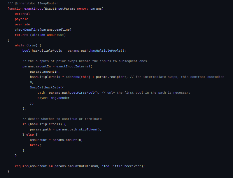 Code block to execute swap along a specified path