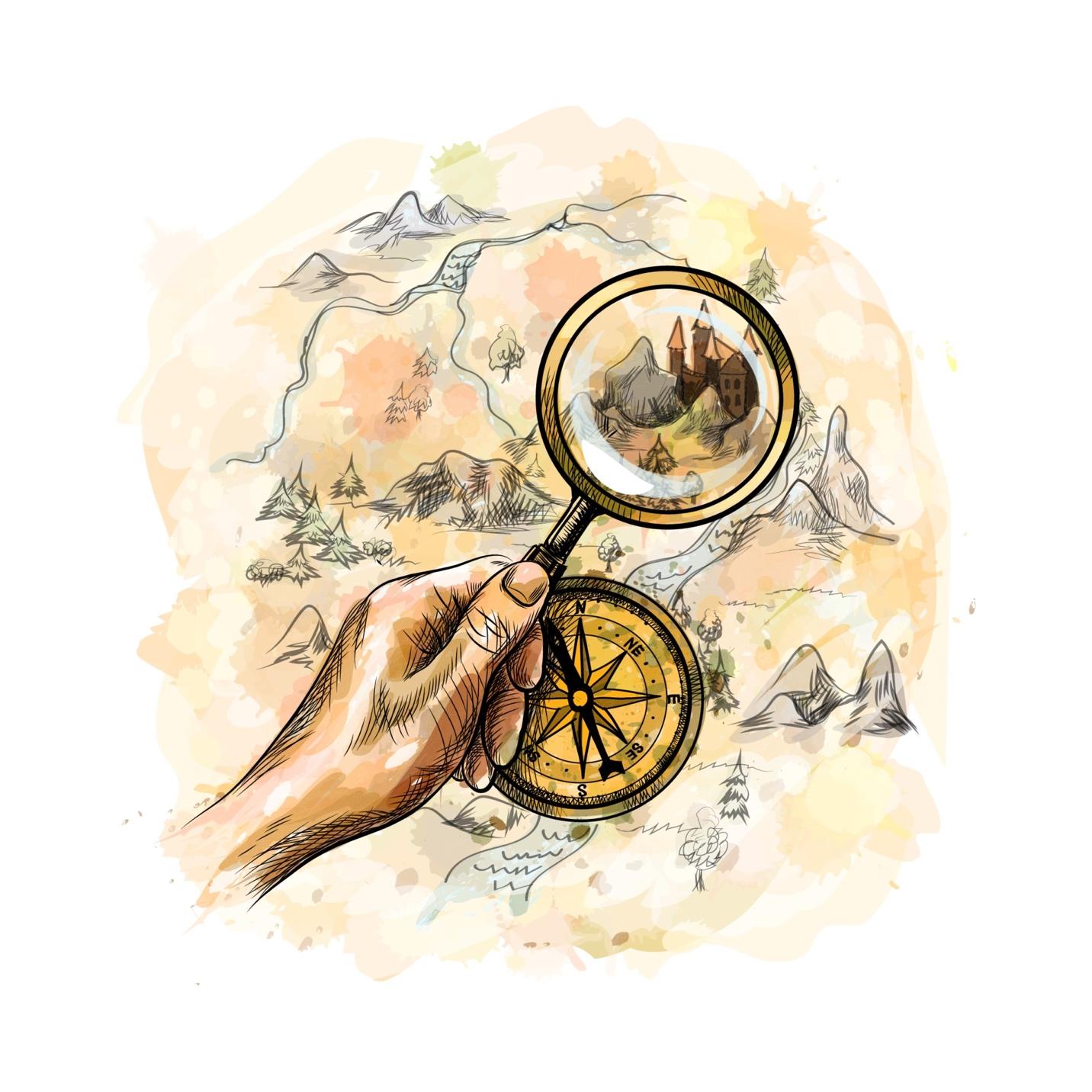 Aged antique nautical compass and hand holding magnifying glass with  treasure map from a splash of watercolor, hand drawn sketch. Vector  illustration of paints 2238286 Vector Art at Vecteezy