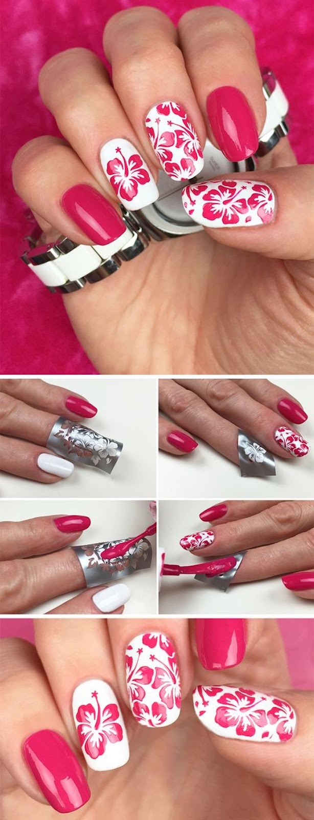 nägel muster, nageldesign in rosa und weiß mit blumen