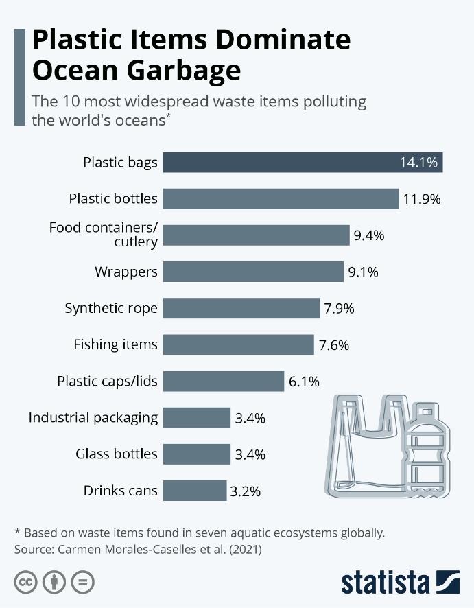 Graph illustrating the predominance of plastic waste in oceans and waterways.