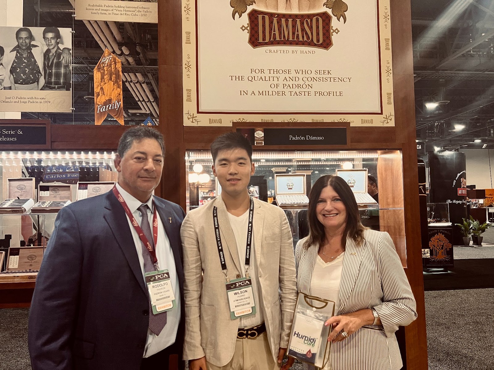 ATMOSIScience Inc. CEO, Wilson Huang (middle) with Padrón Cigar’s Rudy Padrón (left) and Elizabeth Padrón (right)