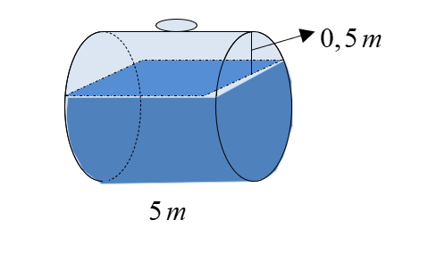 Một bồn hình trụ đang chứa dầu, được đặt nằm ngang, có chiều dài bồn là (5m), có bán kính đáy (1m), với nắp bồn đặt trên mặt nằm ngang của mặt trụ. Người ta đã rút dầu trong bồn tương ứng với (0,5m) của đường kính đáy. Tính thể tích gần đúng nhất của khối dầu còn lại trong bồn.</p> 1