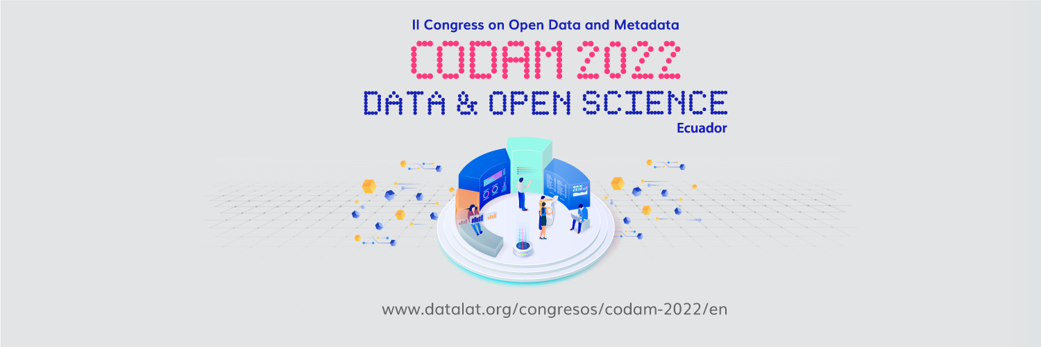 Event announcement for the second Congress on Open Data and Metadata in Ecuador. Illustration of people working on their computers and servers against a pale pink background  
