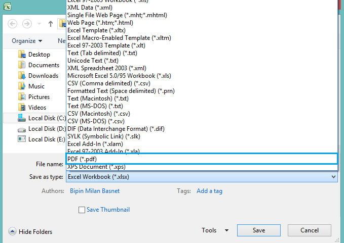 choose the PDF format in save as type dropdown box