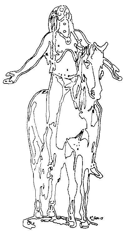 Ink drawing of a figure on horseback