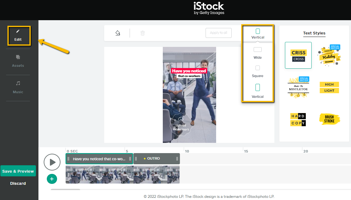 Screenshot of how to choose an aspect ratio in iStock Video Editor.