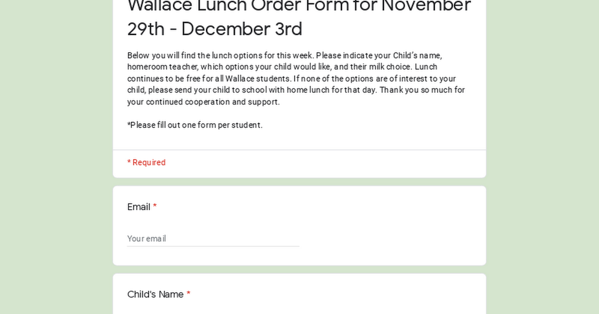 Wallace Lunch Order Form for November 29th - December 3rd