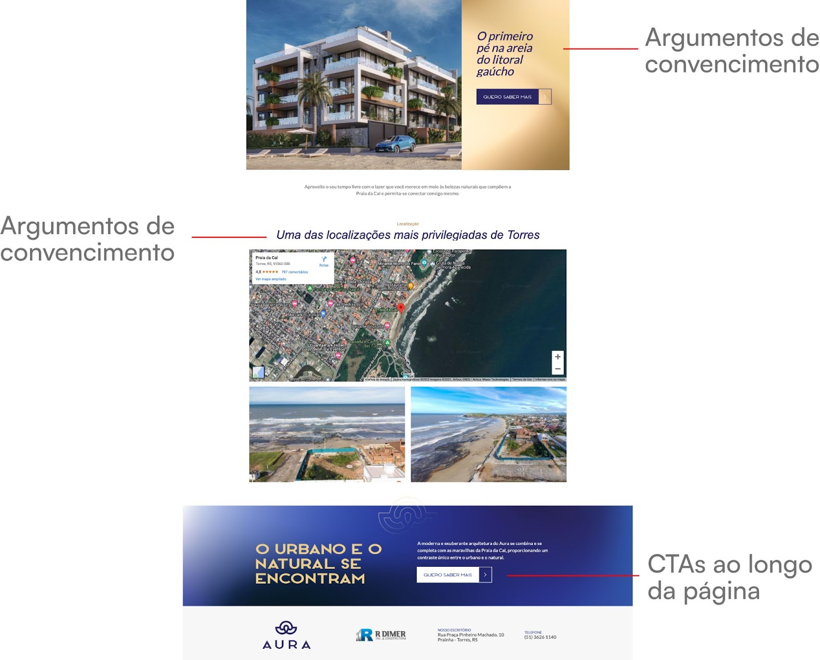 Exemplo de uma landing page com elementos essenciais, como: título chamativo, formulário de contato, características das unidades, argumentos para convencer o visitante e CTAs ao longo da página.
