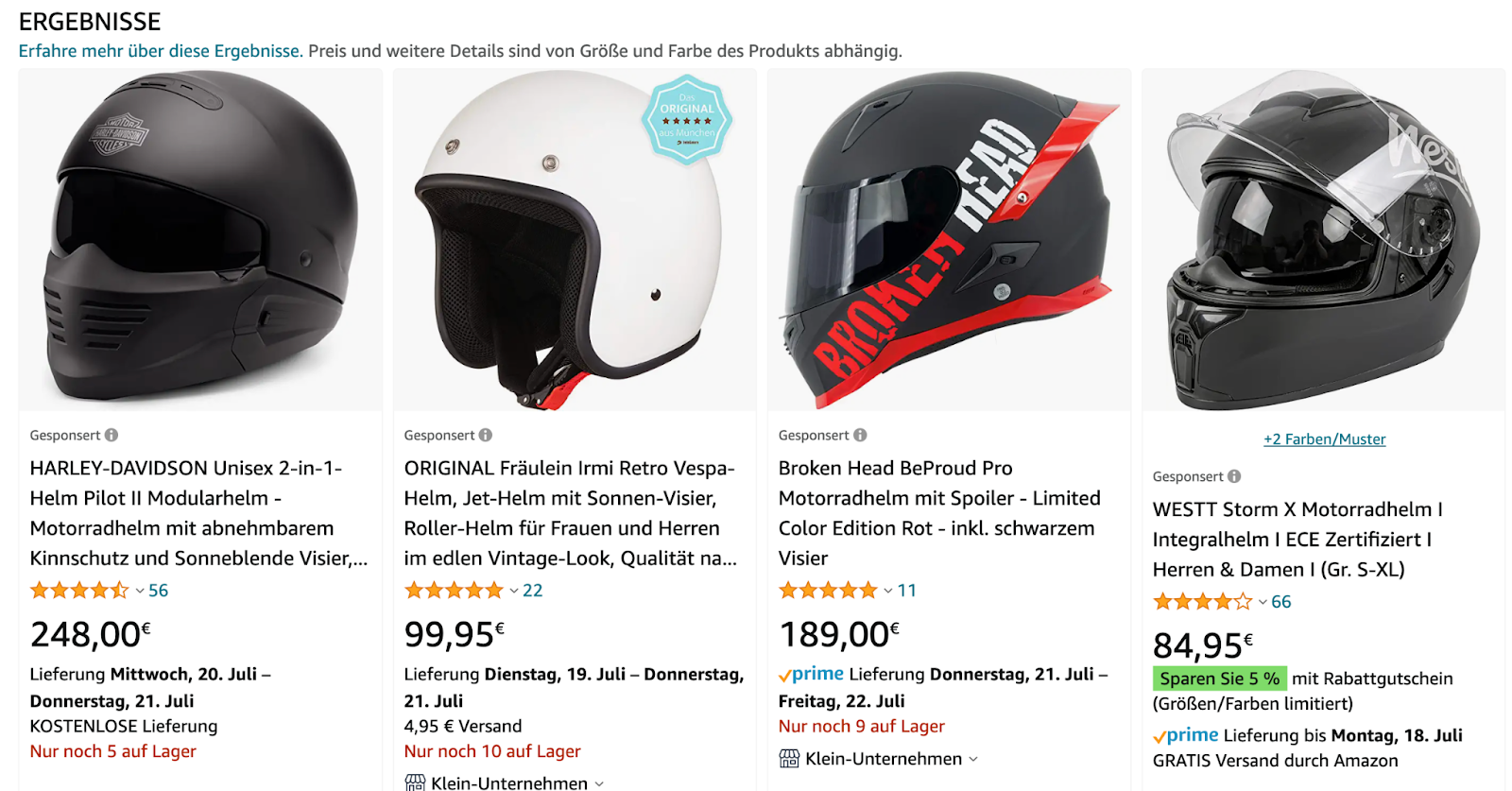 Screenshot von Sponsored Product Ads für den Suchbegriff “Motorradhelm”