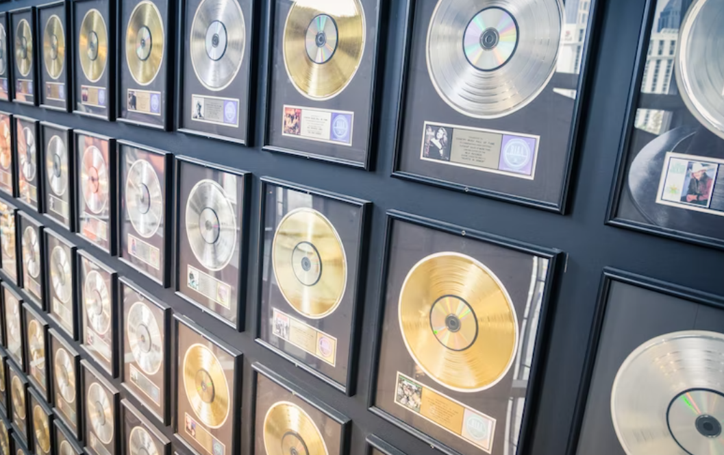 Image of records in frames on a wall