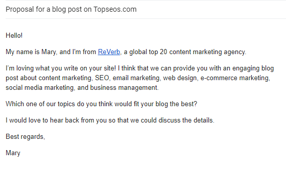 Screenshot of a template email to pitch a guest blog