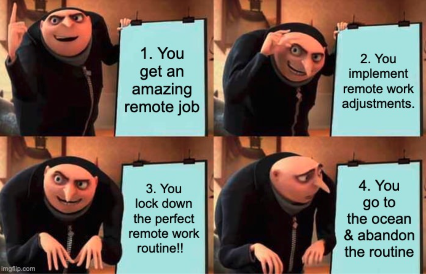Meme about adjusting to remote work environments (Gru from Despicable me pointing to an easel with text) 