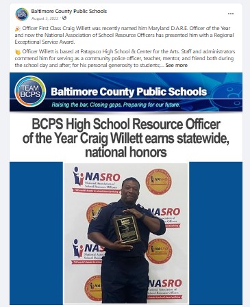 Baltimore County Schools recognizes Officer Willett for statewide honors
