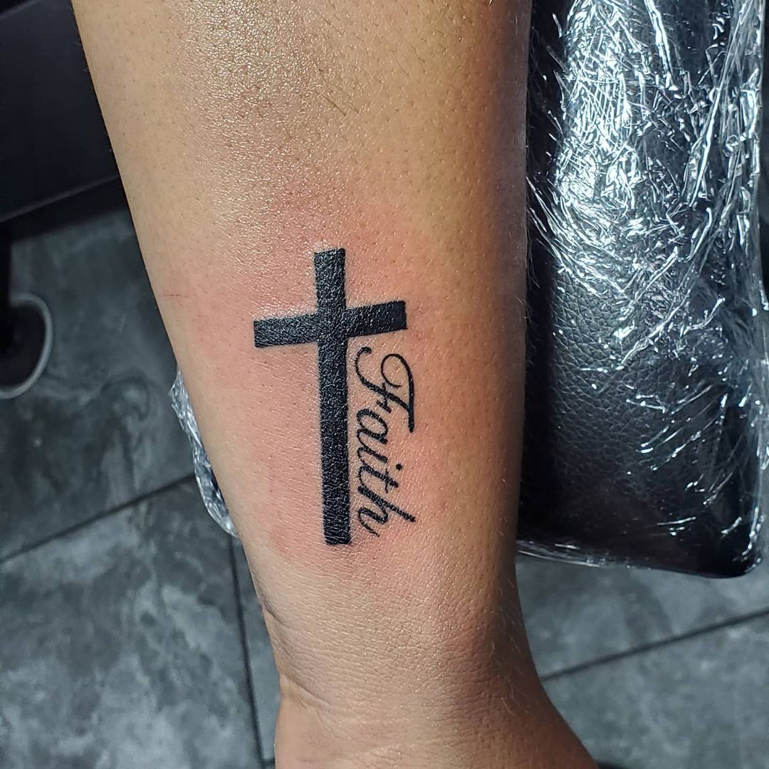 Bold Faith Cross Tattoo On Arm