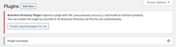 Business Directory asks you if you would like it to create the required pages