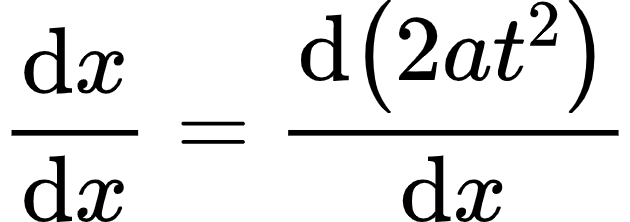 {"id":"1","font":{"family":"Arial","color":"#000000","size":10},"type":"align*","code":"\\begin{align*}\n{\\diff{x}{x}}&={\\diff{\\left(2at^{2}\\right)}{x}}\t\n\\end{align*}","ts":1598613043203,"cs":"euxPJWGLI85SgNGBh/f8SQ==","size":{"width":104,"height":36}}