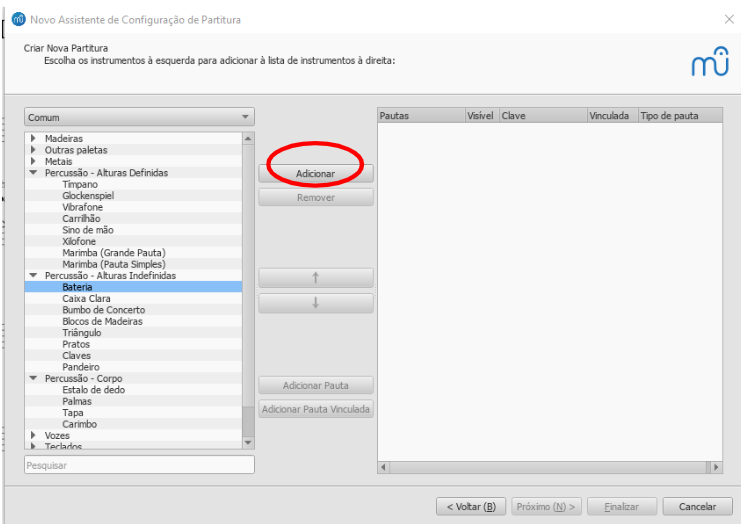 Adicionando a bateria na partitura