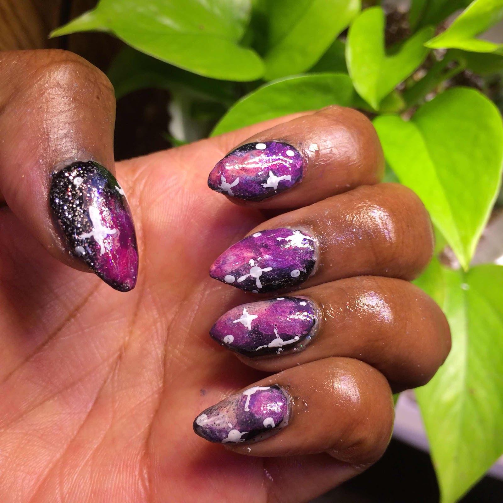 galaxy nails black pink and purple