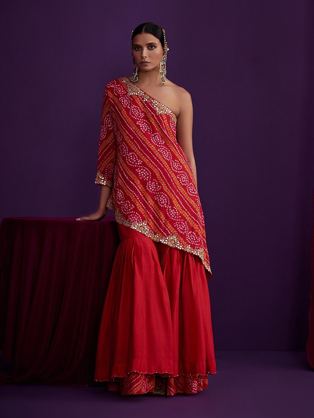 the loom - Red Bandhani Georgette Asymmetric Kurta