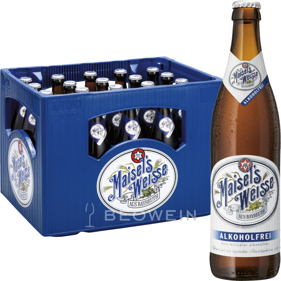 A bottle and create of Maisel’s Weisse Alcohol free beer