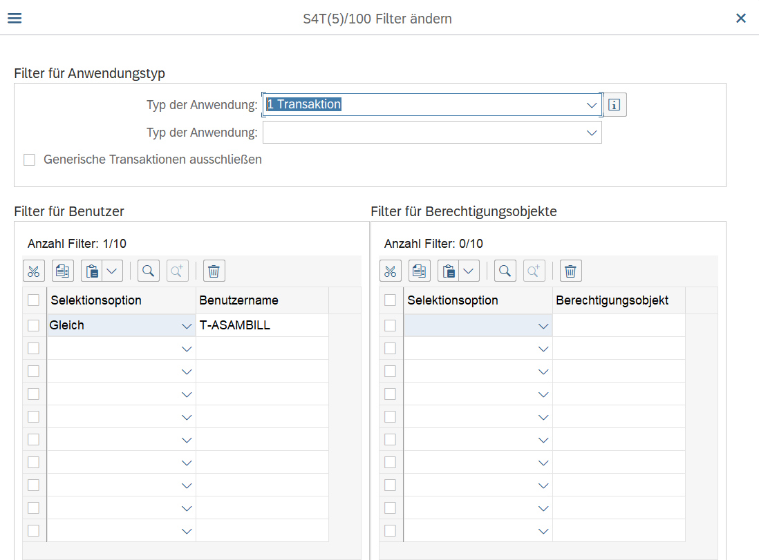 Filteroptionen in Transaktion STUSERTRACE