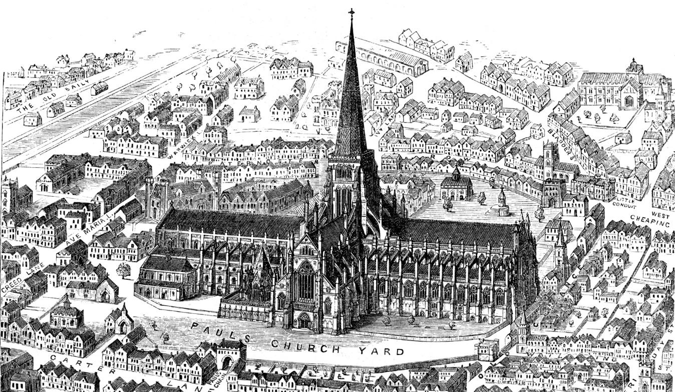 Grabado de la Catedral de San Pablo y los suburbios del antiguo Londres.